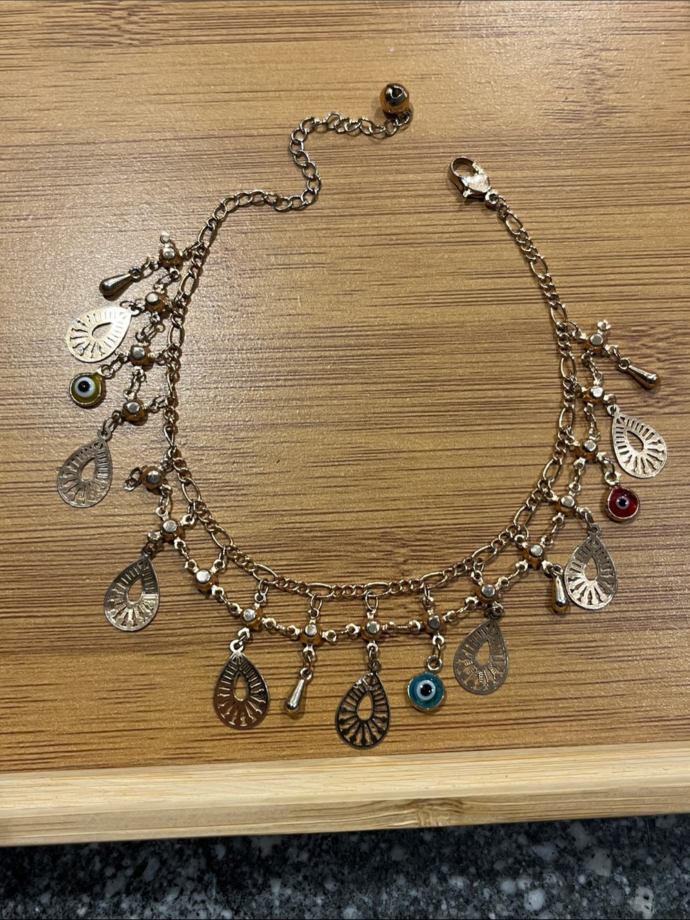 Gold-Tone Teardrop Charm Anklet with Colored Eye Accents